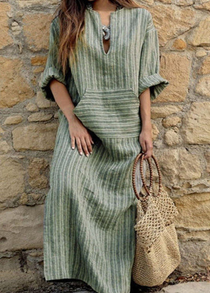 Natural Grey O-neck Striped Patchwork Long Dresses Spring