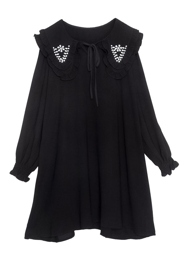 Black Double-layer Collar Lace Up Cotton Mid Dress Spring