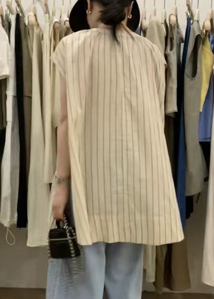 Loose Striped O-neck Side Open Cotton Shirt Vest Sleeveless