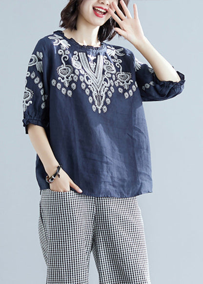 Blue O-neck Cotton Top Short Sleeve