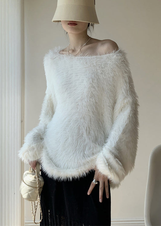 Simple White O-neck Mink Velvet Knit Sweater Winter
