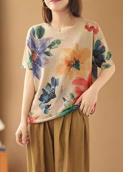 Loose Big Flower O-neck Cozy Cotton Knit Top Short Sleeve