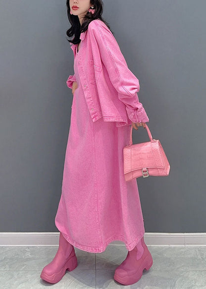 Pink Coats and Dress Denim Two Pieces Set Spring