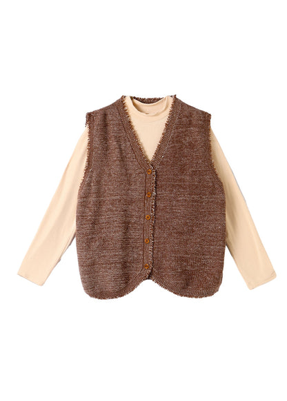 Coffee Tasseled Knit Vest and Cotton Top Two Pieces Set Winter