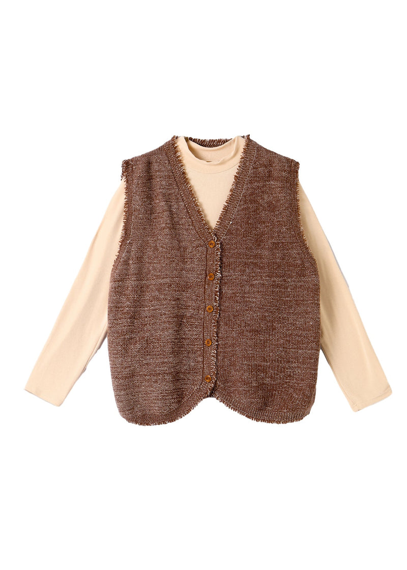 Coffee Tasseled Knit Vest and Cotton Top Two Pieces Set Winter