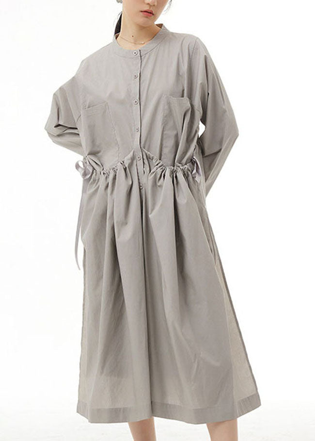 Organic Grey Pockets Wrinkled Patchwork Cotton Dress Spring