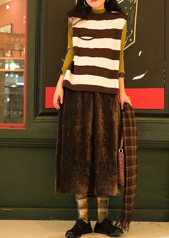 Pullover Chocolate Striped Knit Top Silhouette O Neck Sleeveless Knit Tops