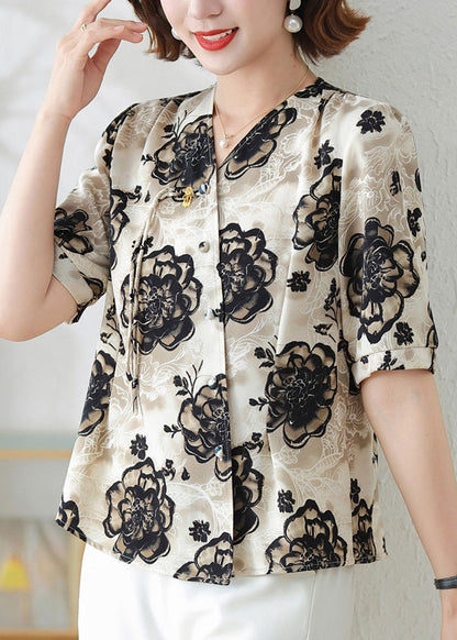 Black Tasseled Print Silk Shirts Summer
