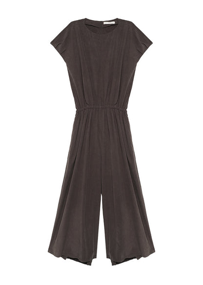 Organic Coffee O Neck Elastic Waist Linen Jumpsuit Summer