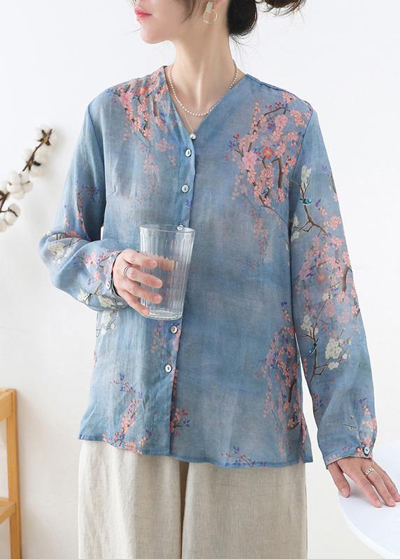 French Grey Blue Print Button Linen Shirt Top Long Sleeve