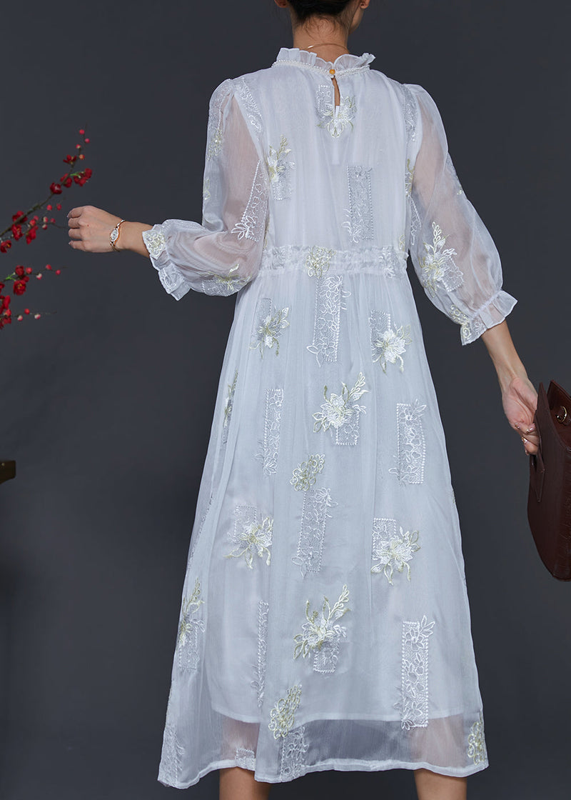 White Embroidered Silk Cinched Dresses Summer