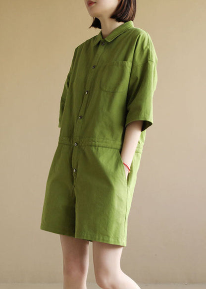 French Green Button Peter Pan Collar Pocket Cotton Jumpsuit Half Sleeve