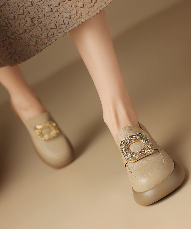 Apricot Chunky Sheepskin Soft Splicing Zircon Loafers for
