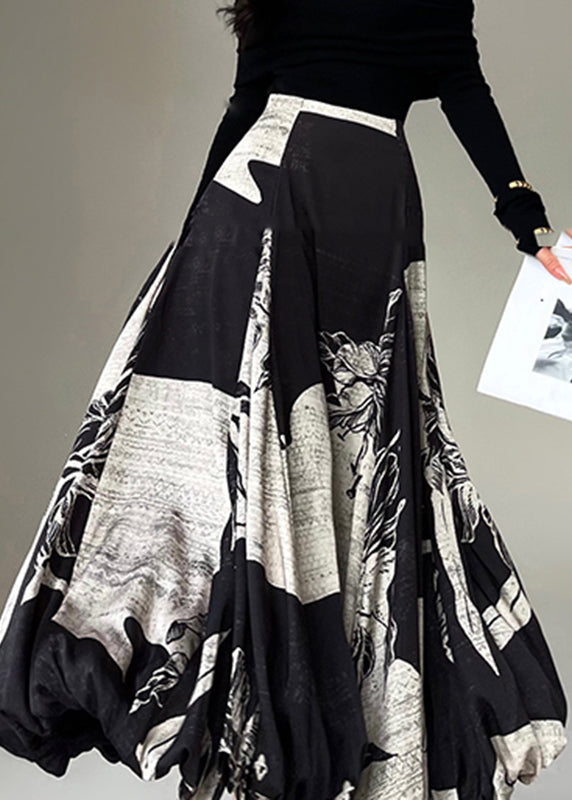 Italian Black Print High Waist Cotton Maxi Skirt Fall