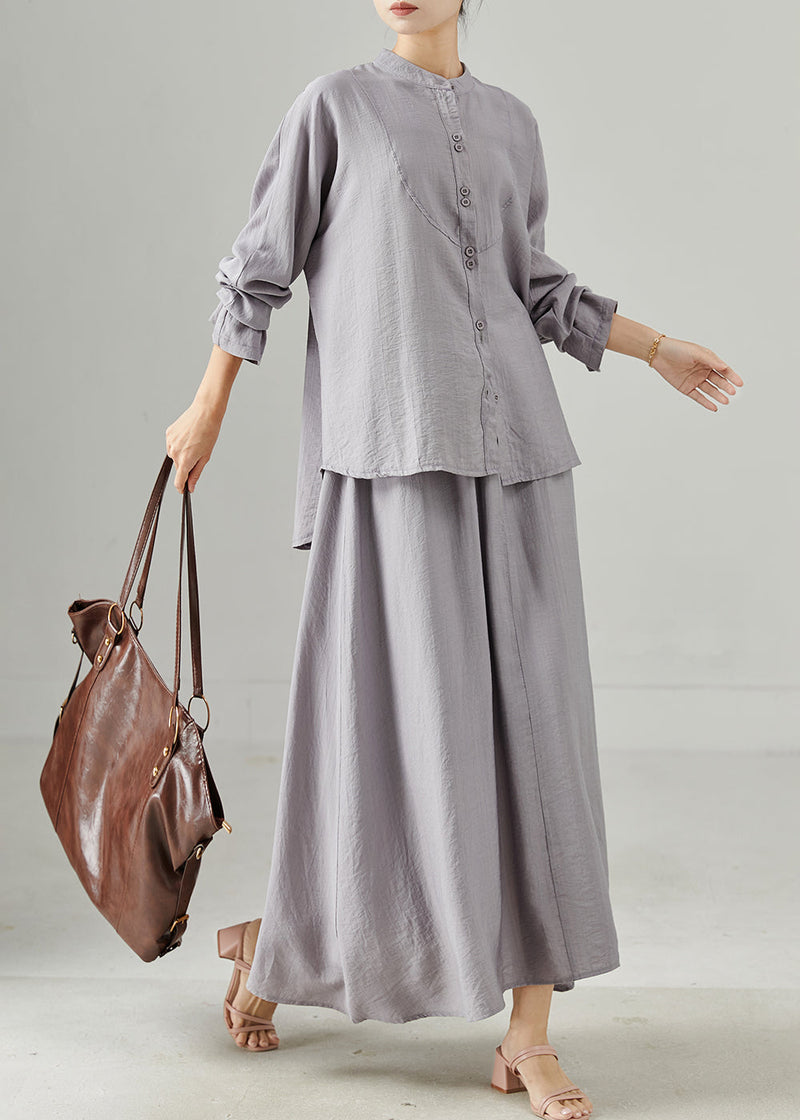 Grey Stand Collar Cotton Tops and Skirts Two Pieces Set Fall