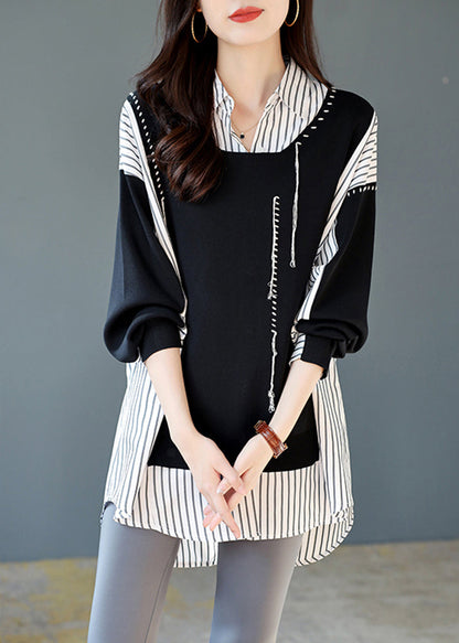 Black Striped Patchwork Low High Design Fake Two Pieces Shirt Long Sleeve