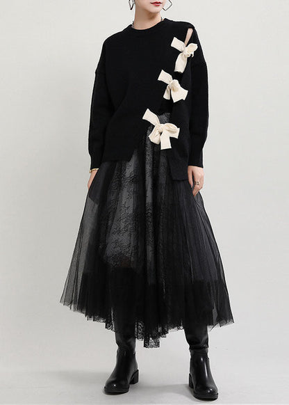 Organic Black O-neck Patchwork Asymmetrical Design Fall Knit Knitted Sweaters