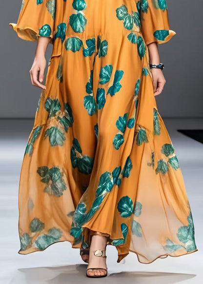 Classy Orange Oversized Print Chiffon Ankle Dress Spring