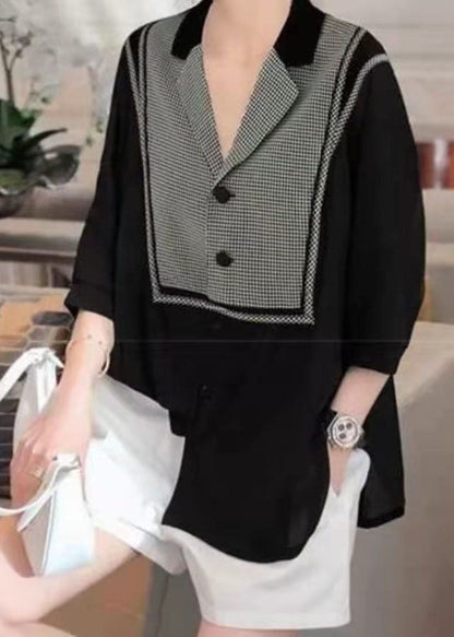 Black Peter Pan Collar Plaid Patchwork Shirt Top Three Quarter Sleeve