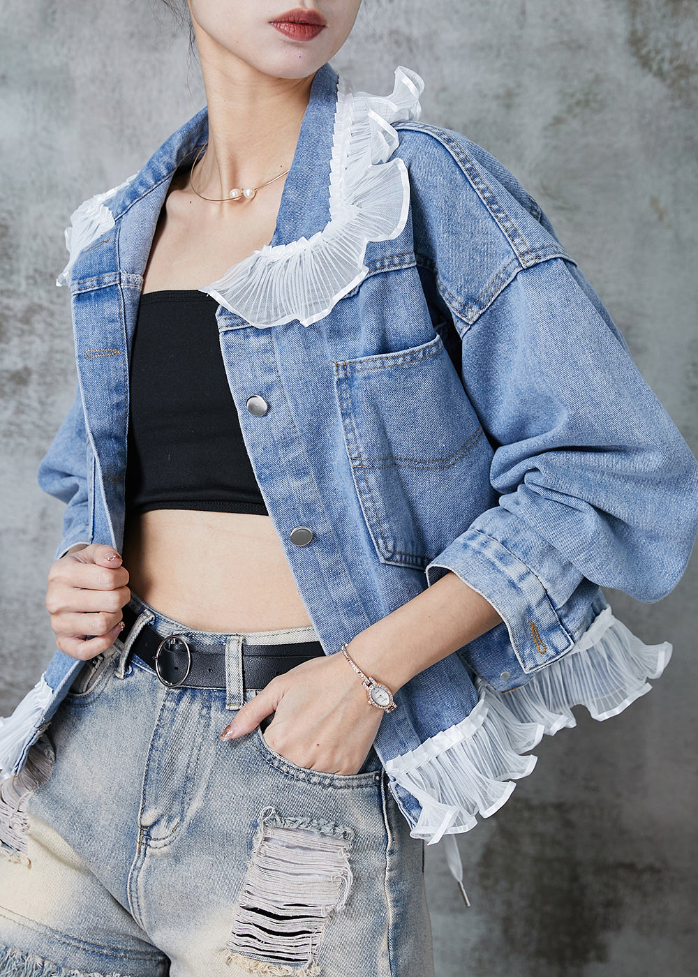 Blue Ruffled Patchwork Denim Coats Spring