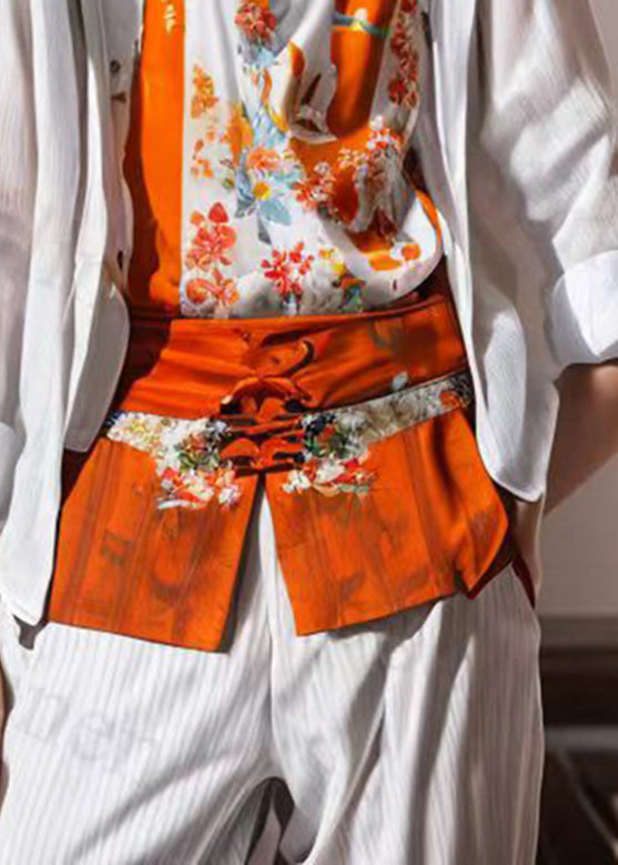 Stylish Orange O-neck Print Patchwork Fake Two Pieces Shirts Long Sleeve