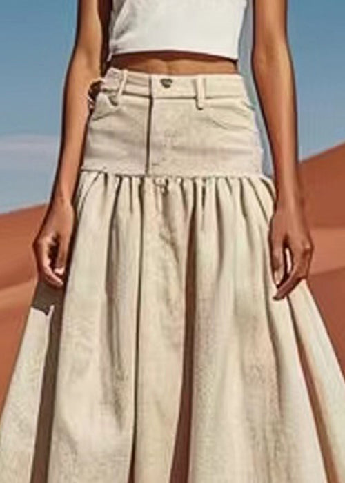 Khaki High Waist Patchwork Linen Skirts Summer