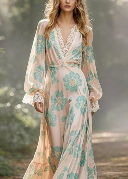 Apricot V Neck Print Patchwork Silk Maxi Dresses Spring
