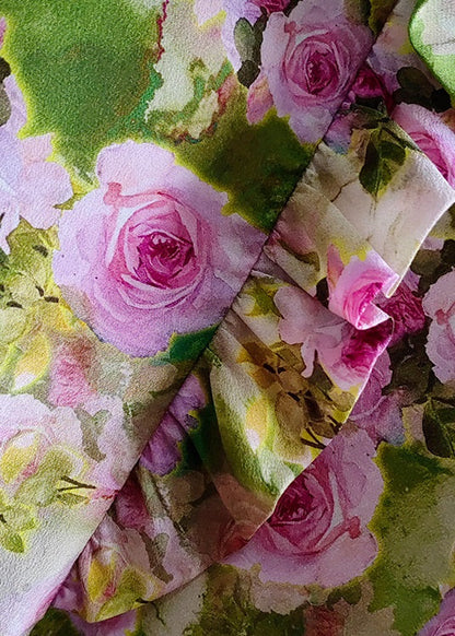 Green Ruffled Rose Print Silk Tops Spring