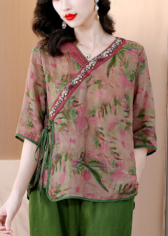 Green V Neck Print Lace Up Linen Tops Half Sleeve