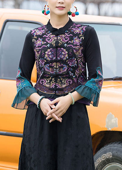 Black Stand Collar Embroideried Linen Waistcoat Fall