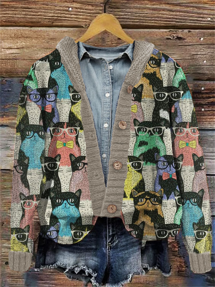 Colorful Cute Cats Embroidered Hooded Cardigan artswardrobe