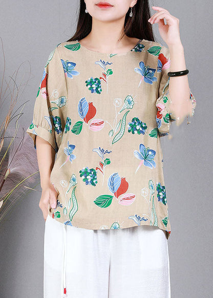 Apricot Print Cotton Original Design Shirts O-neck Half Sleeve