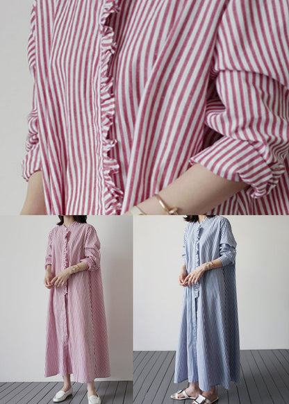 Pink Red Striped Ruffled Patchwork Cotton Shirt Dresses Spring