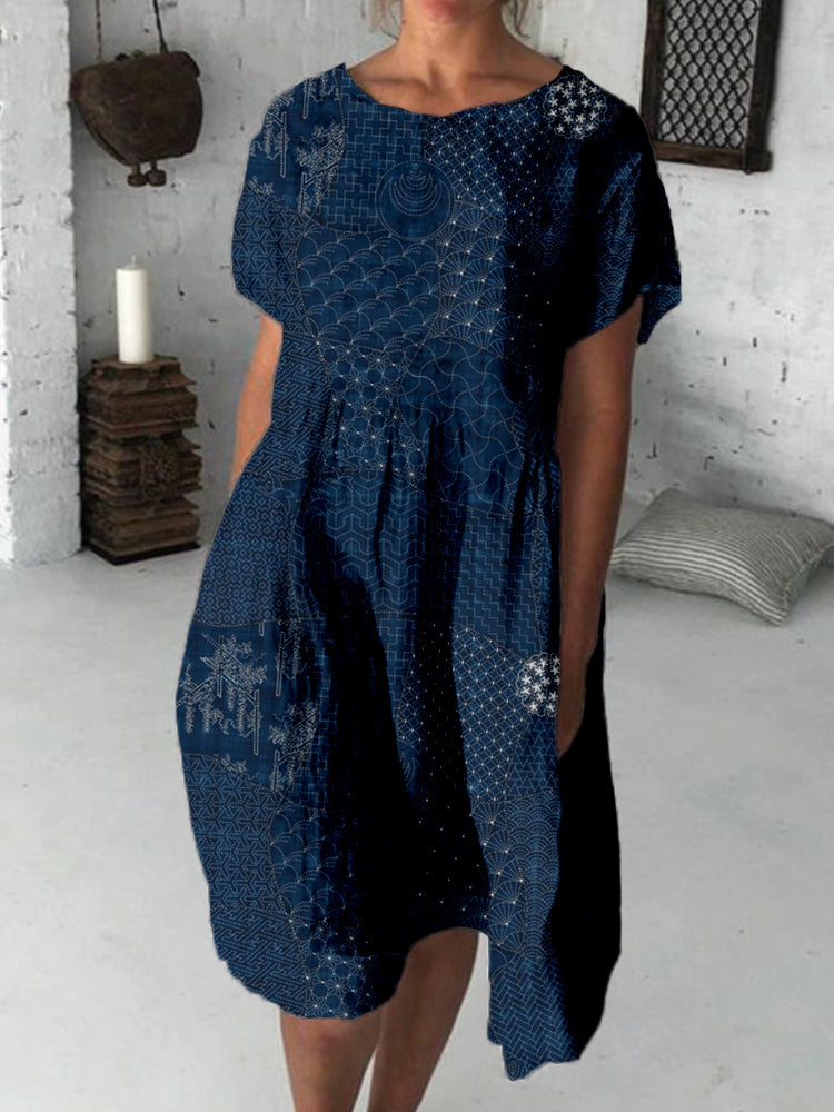 Comstylish Japanese Traditional Sashiko Art Linen Blend Midi Dress