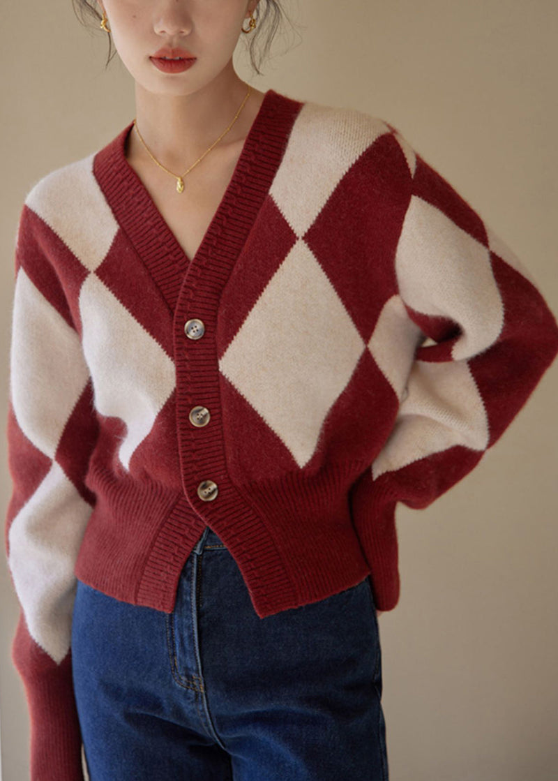 Red Plaid Button Patchwork Knit Sweaters Fall