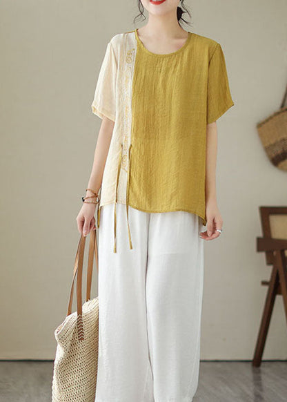 Yellow Embroideried Patchwork Cotton Shirt Top Summer