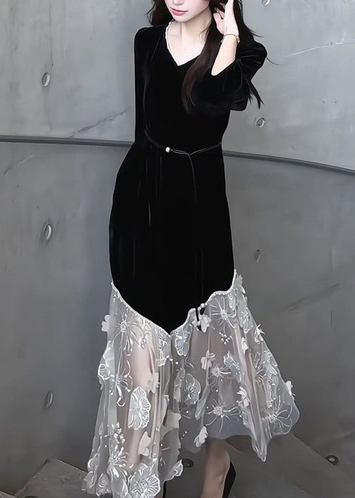 Handmade Black V Neck Tulle Patchwork Silk Velvet Long Dress Bracelet Sleeve