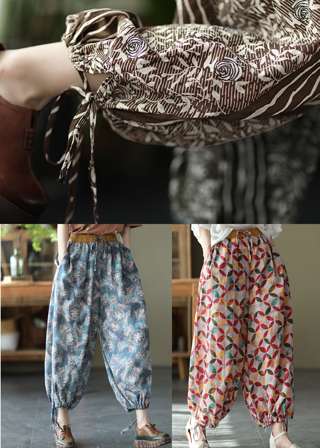 Red Colorblock Tie Waist Print Linen Pants Drawstring Summer
