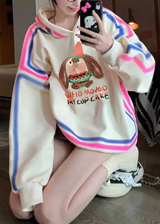 Style Apricot Hooded Cartoon Print Cotton Pullover Spring