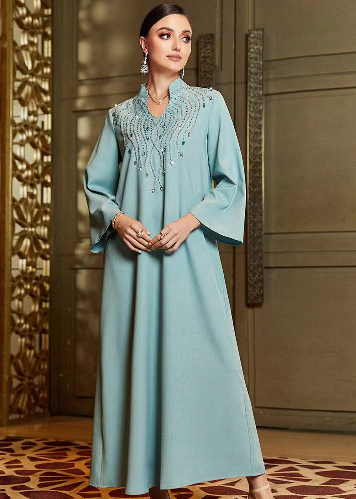 Blue Zircon Handmade Beaded Maxi Dress Fall