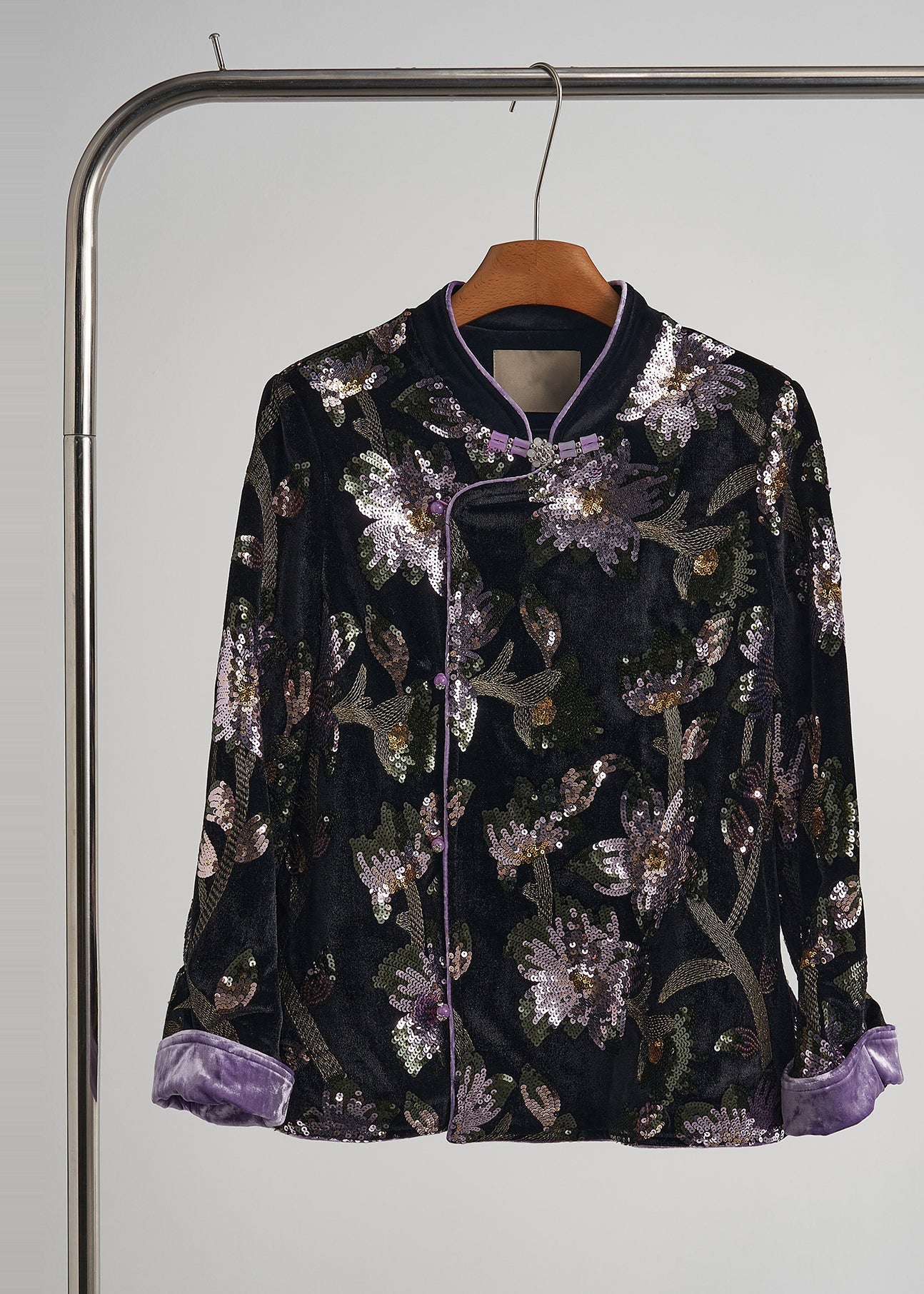 Chinese Style Black Sequins Embroidered Silk Velvet Coats Fall