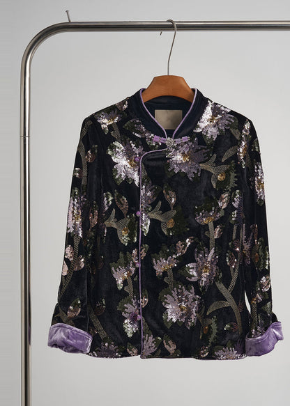 Chinese Style Black Sequins Embroidered Silk Velvet Coats Fall