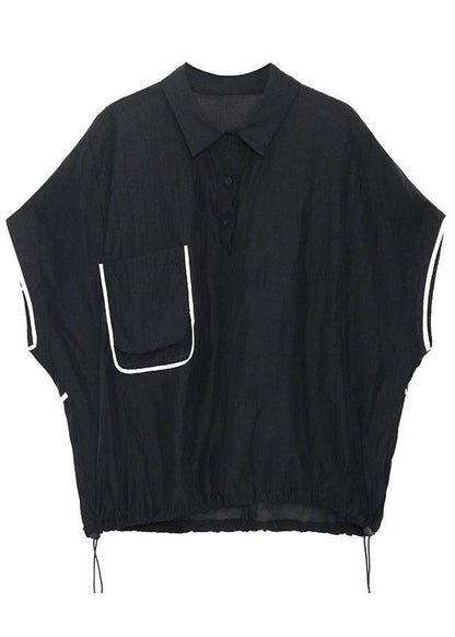 Black Pockets Peter Pan Collar Button Cotton Top Summer