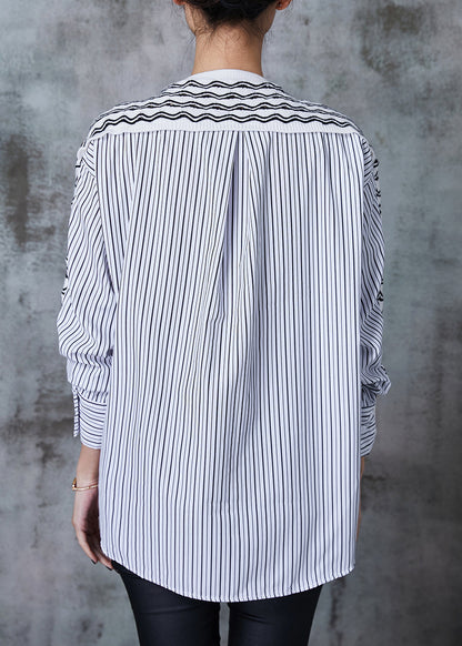 French White Striped Patchwork Cotton Blouse Top Spring