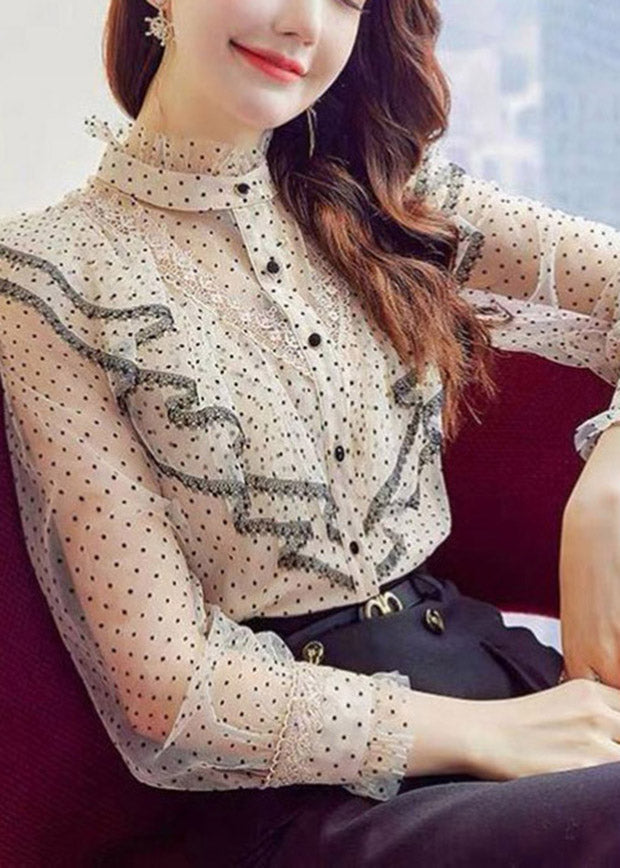 Apricot Stand Collar Ruffles Button Dot Chiffon Shirt Spring