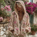 Comstylish Bohemian Style Pink Rose Vintage Zip-up Cardigan Hoodie