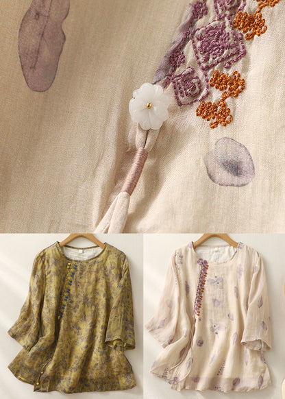 Light Purple Print Tasseled Patchwork Cotton Shirt Bracelet Sleeve
