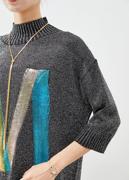 Grey Stand Collar Sequins Knit Sweater Dress Half Sleeve