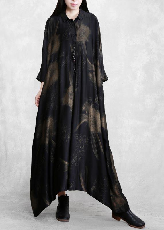 Natural Black Print Dresses Lapel Asymmetric Spring Dresses