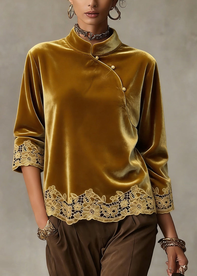 Handmade Yellow Hollow Out Button Shirt Spring